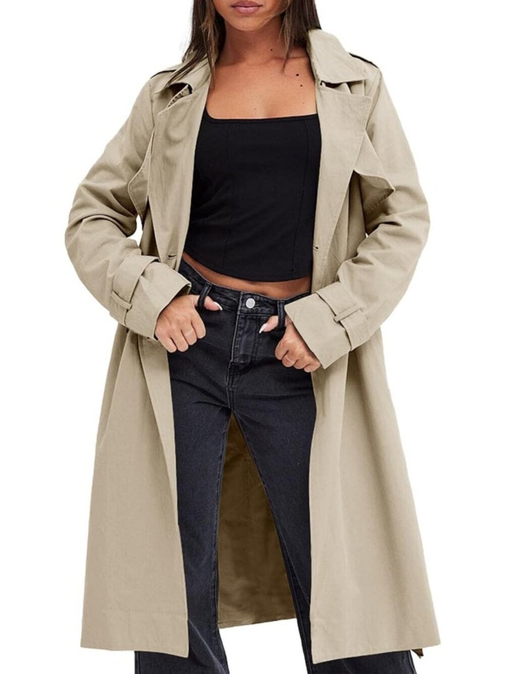 Chic Double Breasted Trench Coat with Belt | Long Lapel, Windproof, Pocketed